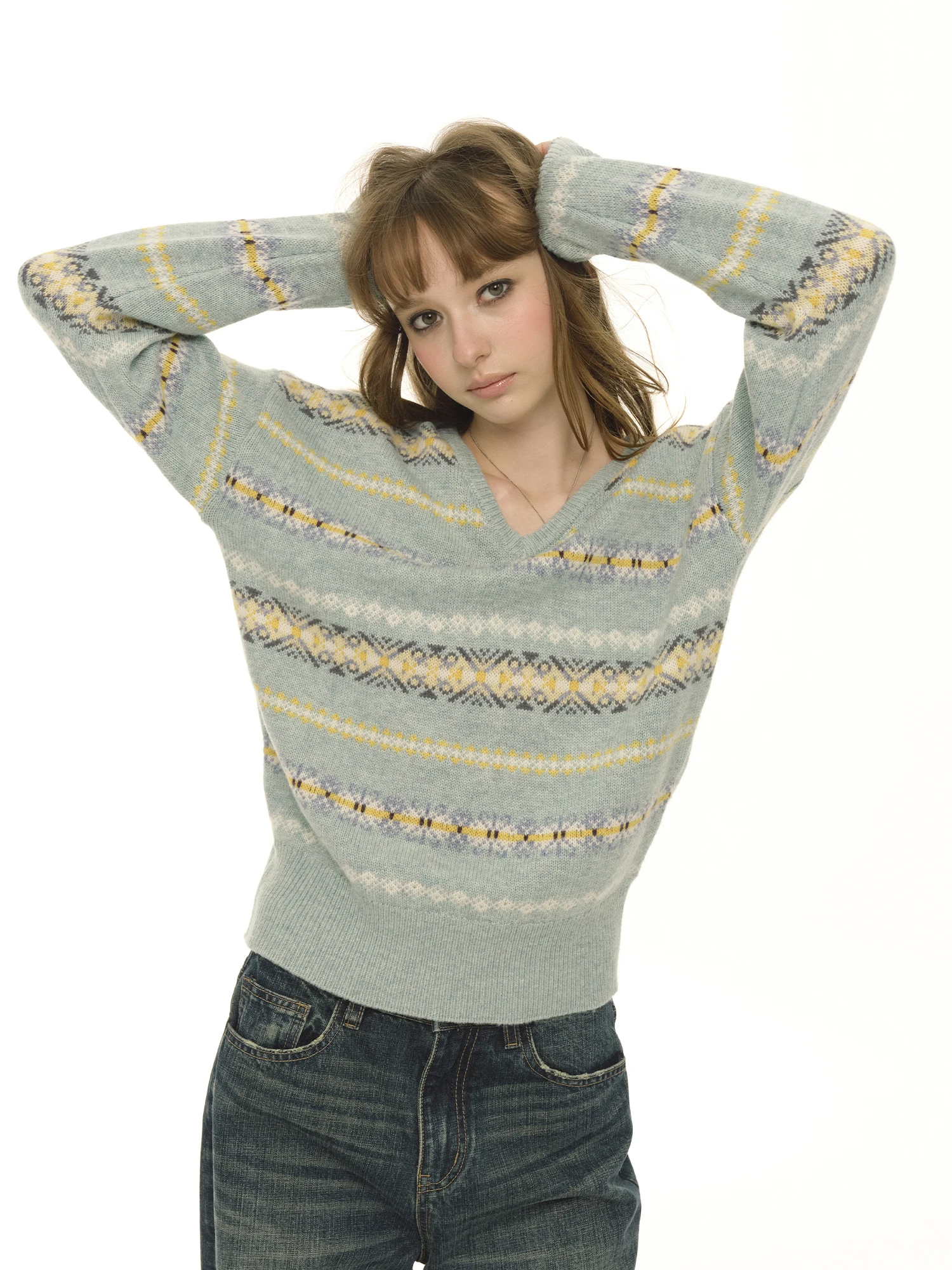 

Женский свободный вязаный свитер UNRETRO из смесовой шерсти с винтажным узором Fair Isle, для ношения под одеждой, в уличном стиле, с длинными рукавами и V-образным вырезом
