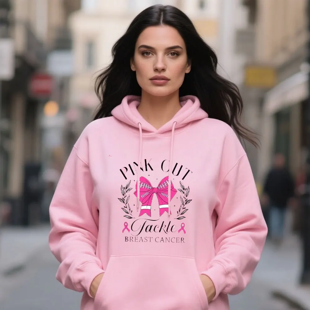 

Pink Out Tackle Рак молочной железы Футбольная кокетка Осведомленность о раке молочной железы Розовый сублимационный дизайн Kawaii Толстовка