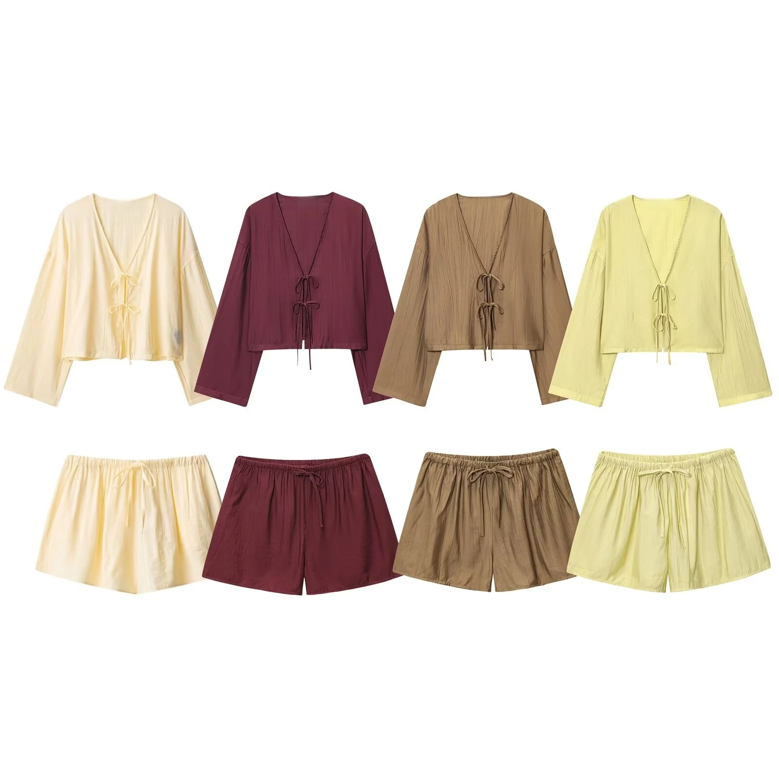 

MYST&ZA Women's Summer New Style Strap Front V-neck Long Sleeve Wrinkle Effect Kimono style Top+Wrinkle Effect Casual Shorts