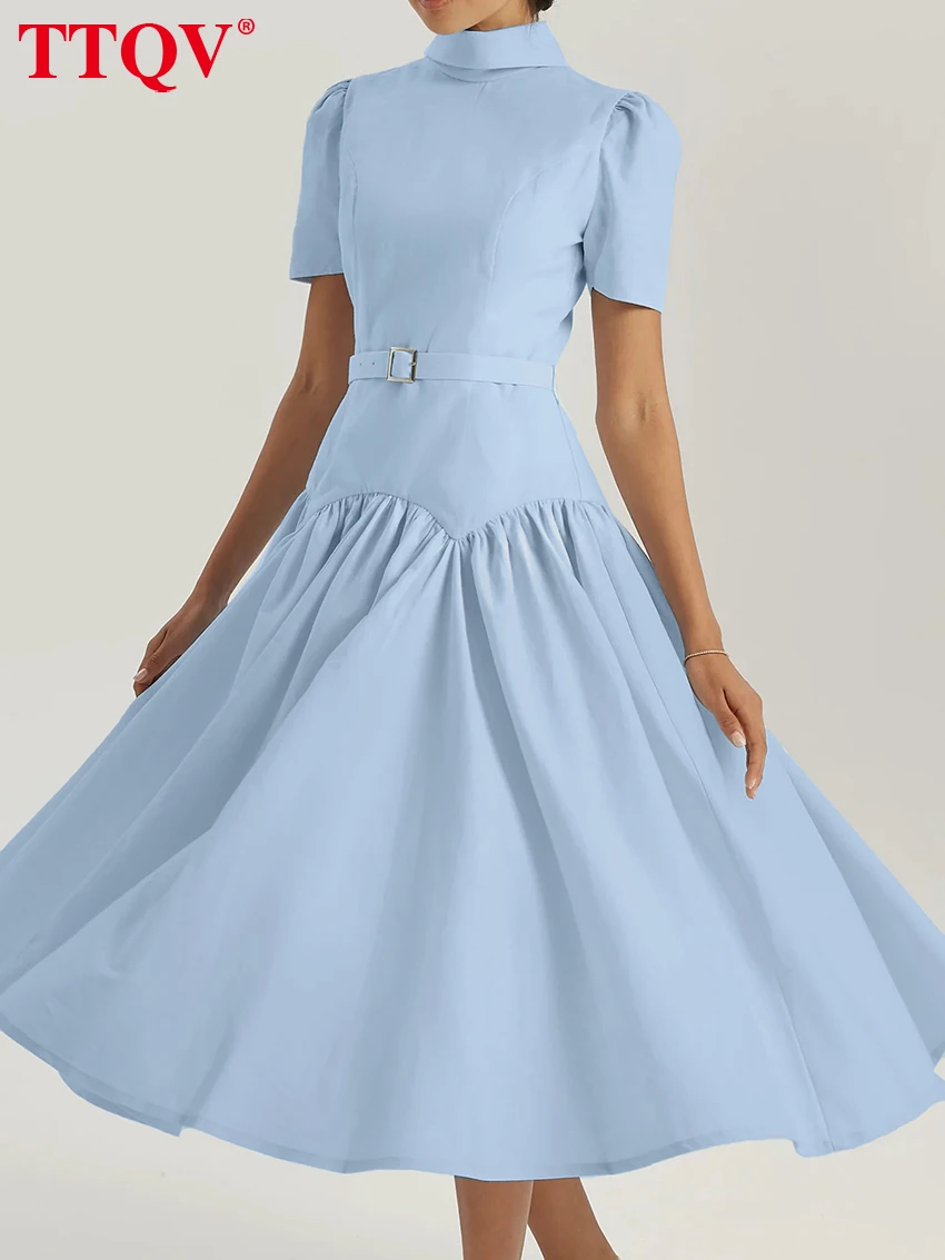 

TTQV Summer Loose Blue Cotton Women's Dress 2026 Fashion Lapel Short Sleeve Midi Dresses Elegant Classic Pleated Female Dress
