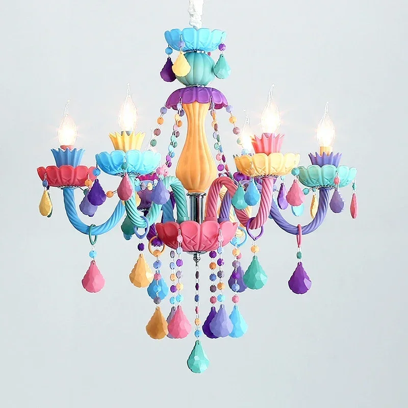 LED Macaron Style Chandelier Is Nordic Rainbow-colored Candle Crystal Lighting Suitable for Bedroom Children\'s Room Lustre Salon