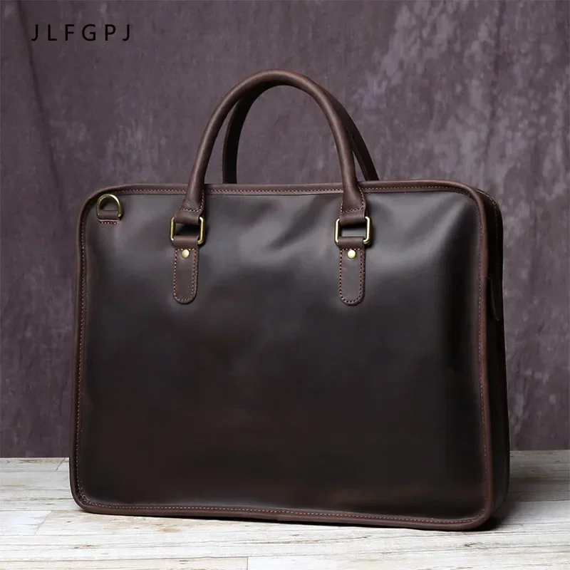 New leather men's business leisure handbag with cowhide horizontal style and large capacity single-shoulder messenger briefcase