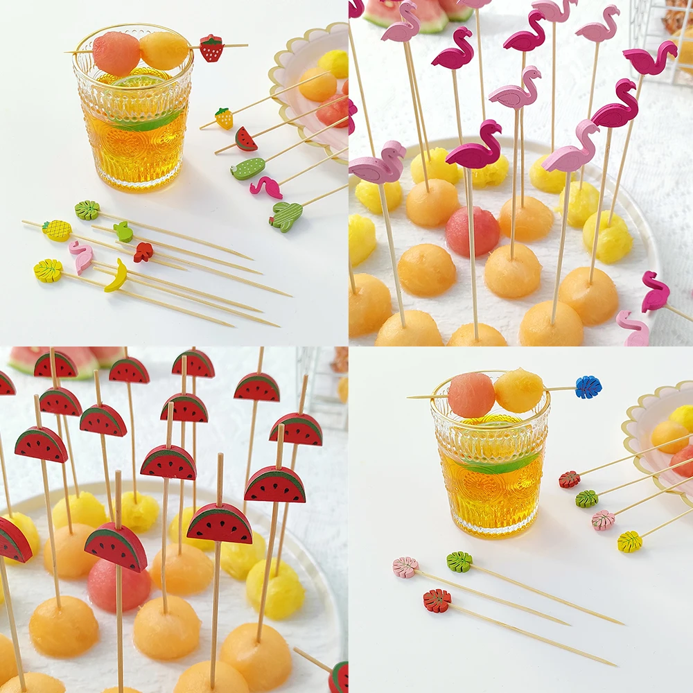 

100Pcs Flamingo Cactus Disposable Bamboo Pick Buffet Food Dessert Fruit Stick Fork Cocktail Decor Wedding Birthday Party supplie