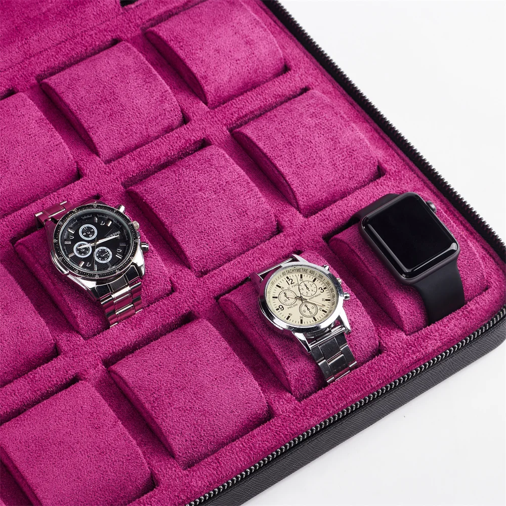 Luxury Gift Custom Logo Watch Case 18 Slot Black Leather Boxs Watch Storage Organizer Travel Case Luxury Watch Roll Trunks