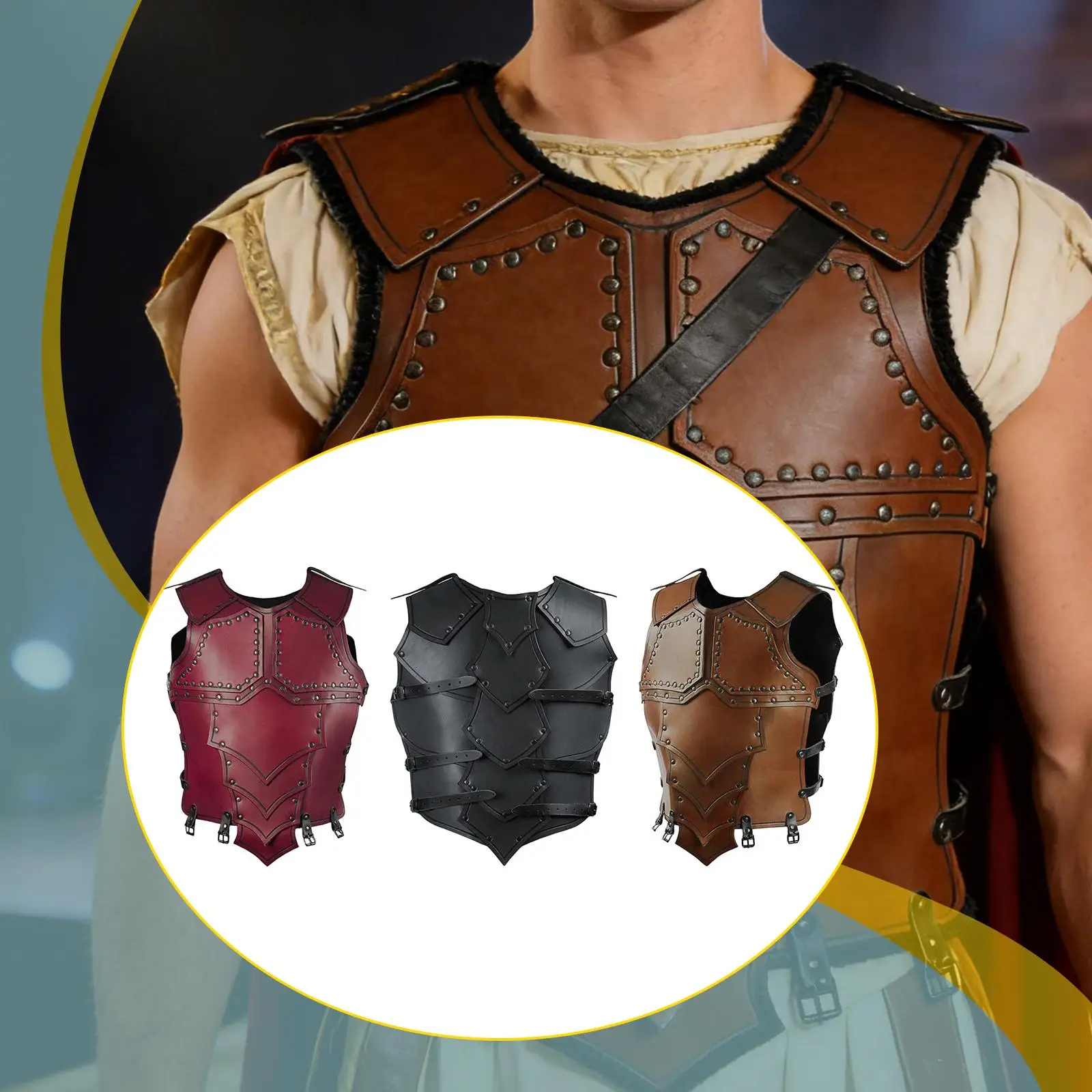 

Medieval Knight Chest Armour Riveted PU Leather Adjustable Cosplay Vest for Stage Halloween Costume Role Playing Men