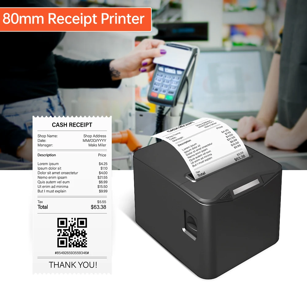 Bisofice Thermal Receipt Printer 80mm Desktop Direct Thermal Printing USB+LAN Connection with Auto Cutter Support ESC/POS