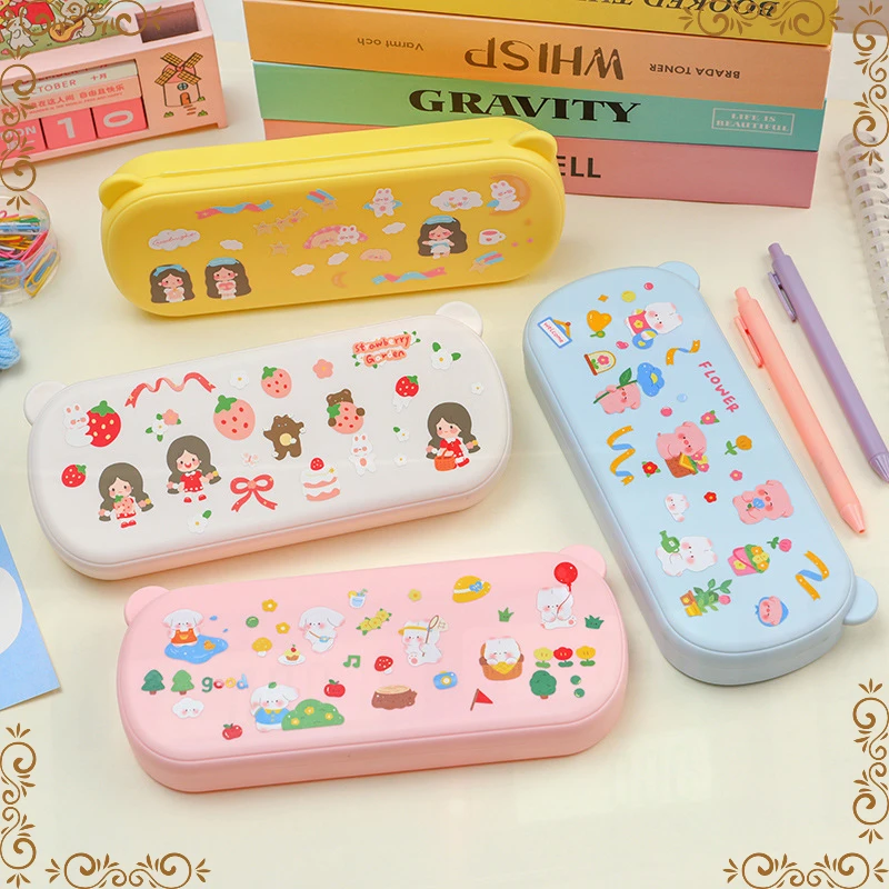 4 Pcs Macaroon Frame Pencil Case Students Simple Pencil Case Pp Waterproof Large Capacity Stationery Storage Box