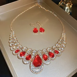Luxury Necklace Earrings For Women Red Water Drop Crystal Earrings Weddings Banquet Jewelry Sets