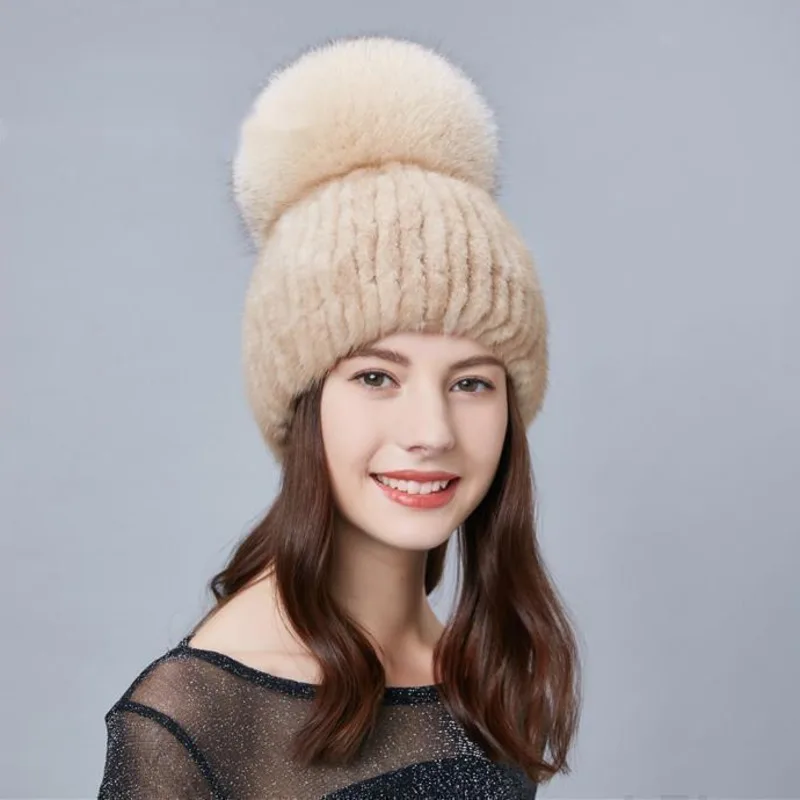 Real Mink Fur Hat Women's Fashion Ear Protection Handmade Knitted Fur Hat Winter Female Natural Fur Hat With Big Fox Fur Ball