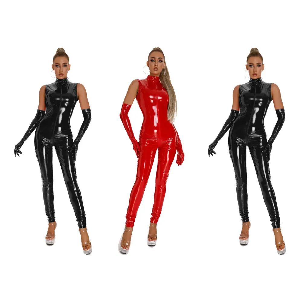 

S-5XL Women PVC Faux Leather Jumpsuit Sleeveless Zipper Open Crotch Tight Erotic Bodysuit Sexy Shiny Latex Catsuit Hot Clubwear