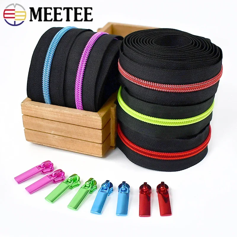 1/2/3Meters 5# Meetee Sewing Zipper with Nylon Zippers Pulls Slider Bag Purse Zip Closure Coil Roll Clothes Head Zips Repair Kit