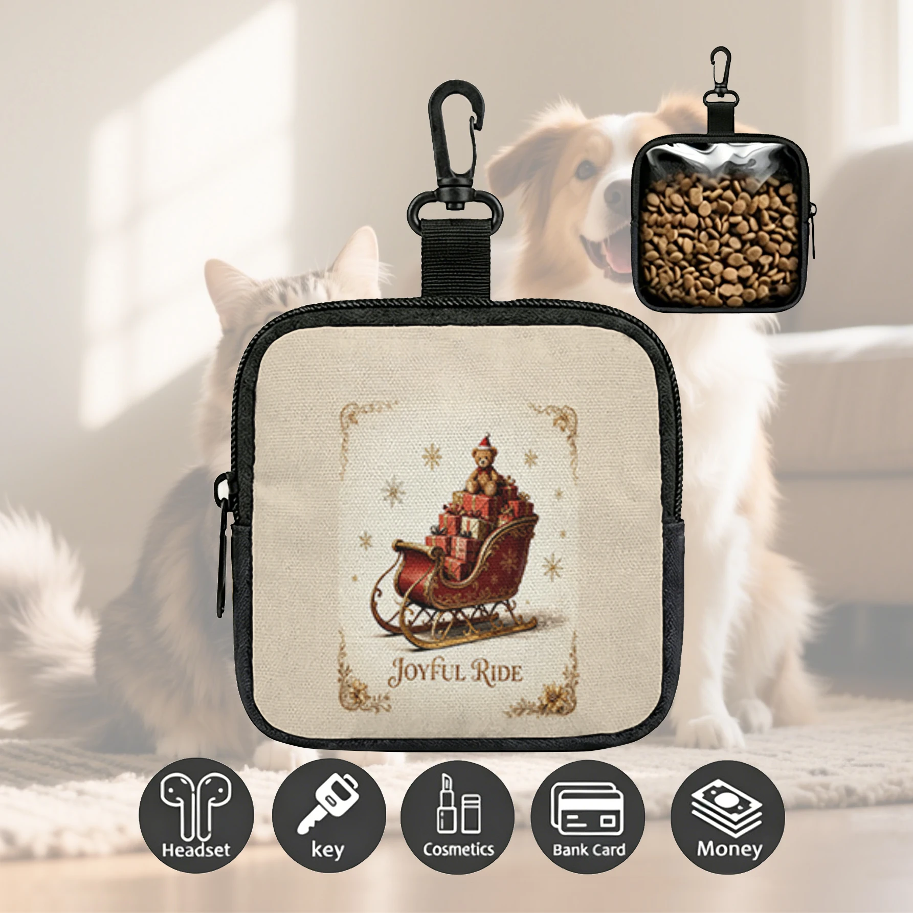 Christmas Sleigh Teddy Bear Gift Print Pet Treat Bag Mini Zipper Pouch With Carabiner, Portable Dog Snack Pouch