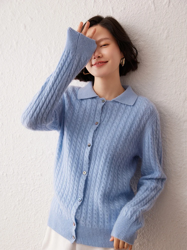 

Women's O-neck Button Cardigan Autumn Winter Cable Stitch Cashmere Sweater Female Grace 100% Cashmere Knitwear Soft Fashion Tops