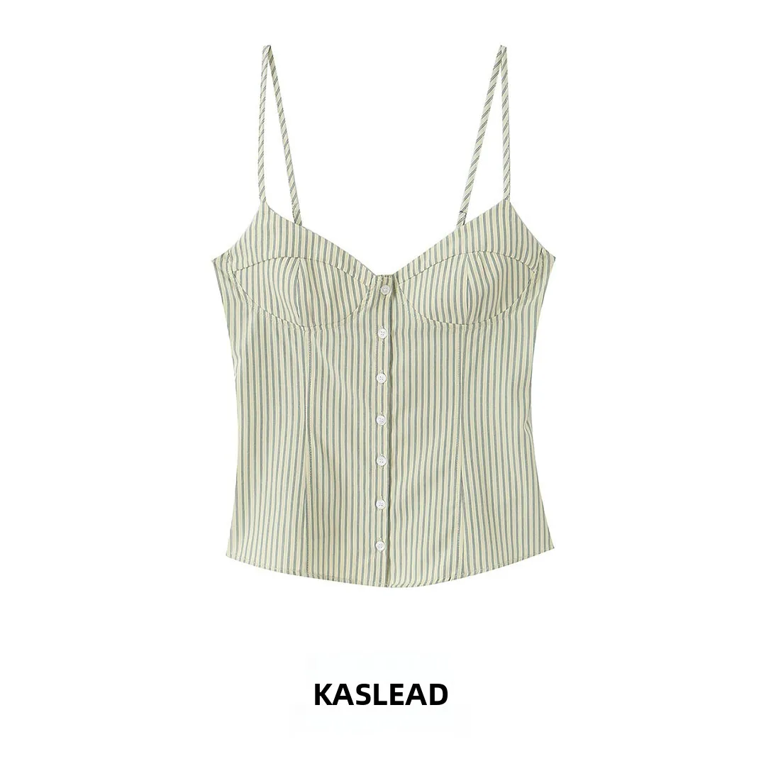 KASLEAD New Women's Fashion Stripe Tight Strap Top Stylish Vest Design Polyester Fiber Short Length Single Button Closure