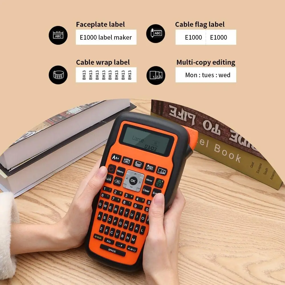 E1000 PRO Label Maker เครื่องพิมพ์สําหรับท่อหดความร้อน TZ231 Label Maker เทป QWERTY คีย์บอร์ดสัญลักษณ์อุตสาหกรรมเครื่องพิมพ์