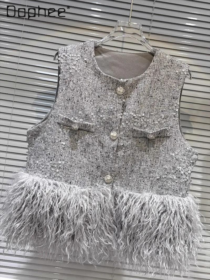 

Feather Patchwork Sequin Tweed Quilted Inner Vest Coat Korean Ins High-End Round Neck Single-Breasted Sleeveless Loose Warm Vest