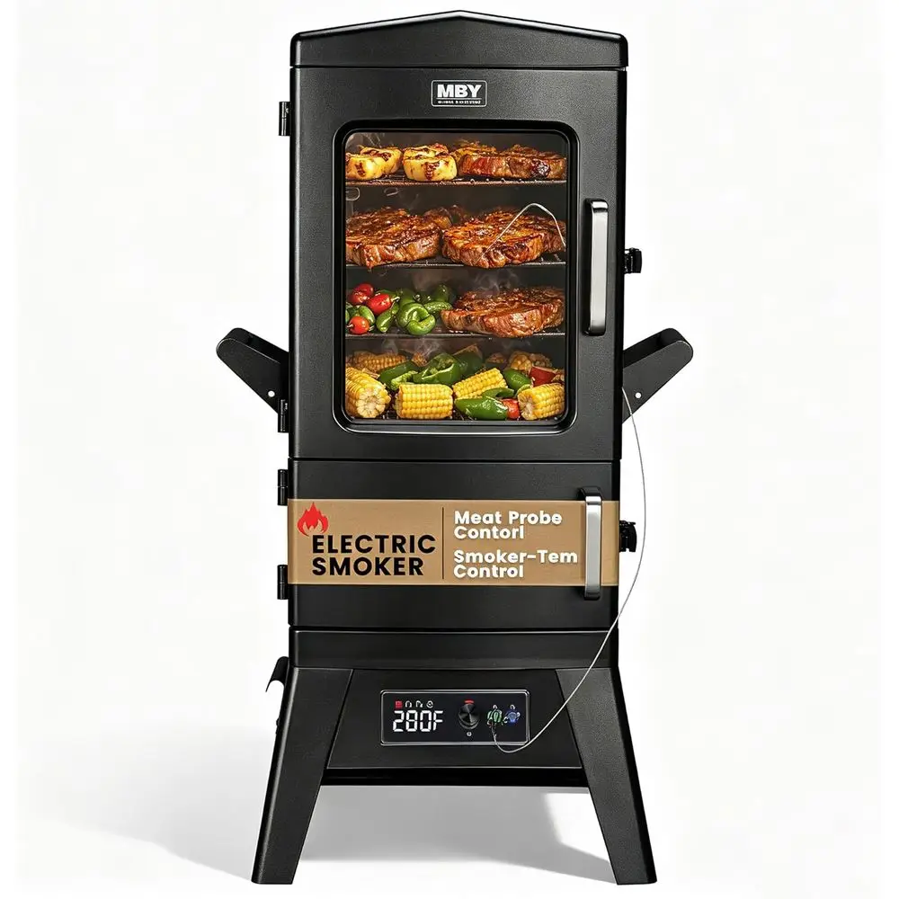 Large Capacity BBQ Electric Smoker with Cover, LED Display, Built-in Meat Probe, 4 Racks, 633 sq in Cooking Area, Black