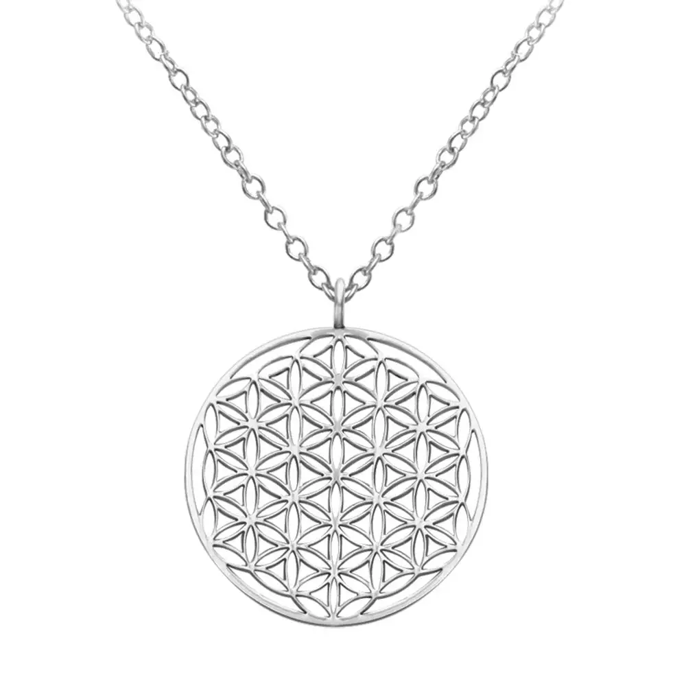 

Stainless Steel Circle Engrave Flower Pendant Necklace (Stainless steel necklace, stainless-steel)