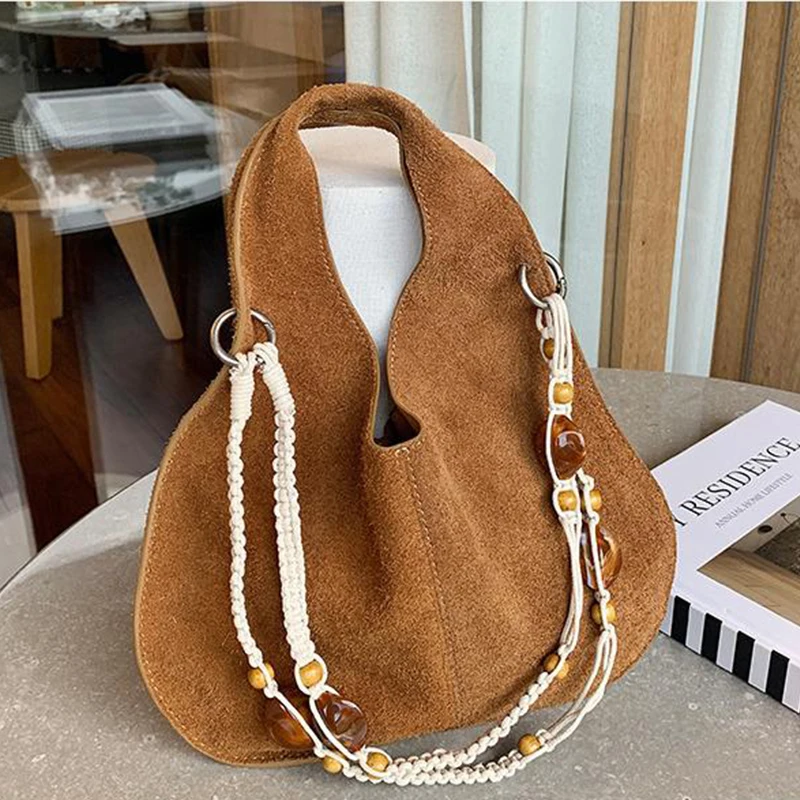 

Brand Vintage Women's Shoulder Bag New Handmade Beaded Shoulder Strap Fashion Underarm Handbag High-end Frosted Crossbody Bag