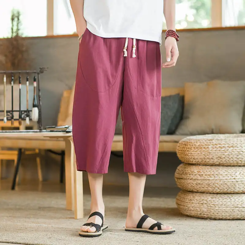 

Loose Wide Leg Linen Seven-Foot Pants Youth Summer Large Size Cotton-Linen Casual orts Straight Leg Rope Waisand