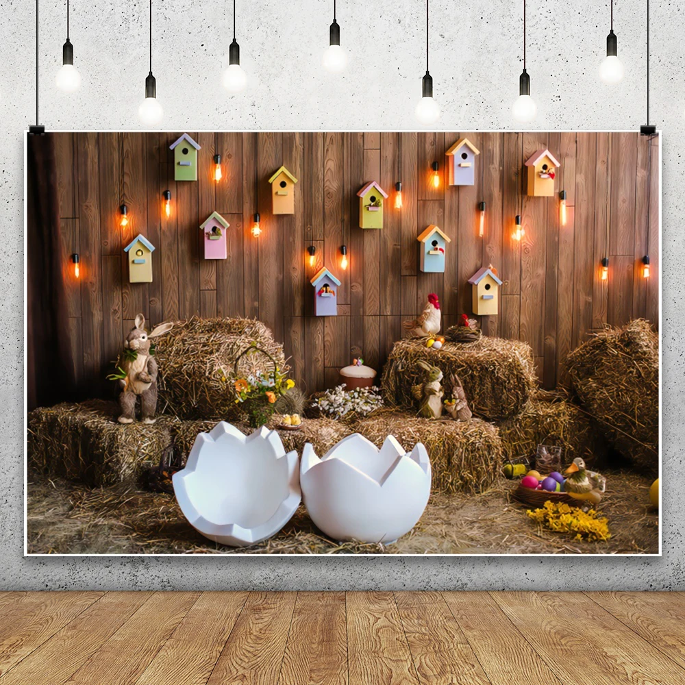 Easter Day Photography Background Farm Haystack Eggshell Wood Board Door Cartoon Bunny Decor Kids Portrait Backdrop Photo Studio