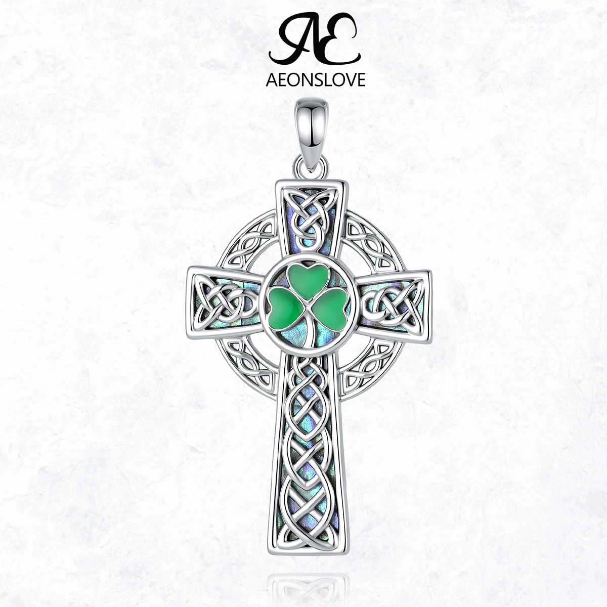 AEONSLOVE 925 Sterling Silver Celtic Cross Necklace Abalone Shell Clover Pendant Irish Witch Pagan Jewelry Gift for Women Men