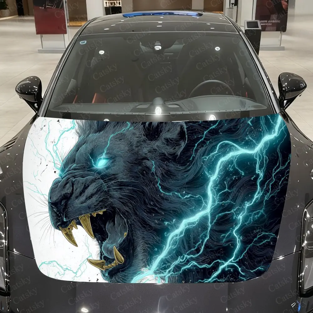 Deep Blue Lightning Flame Beast Car Vinyl Wrap, PVC Waterproof Car Hood Sticker, Self-Adhesive Scratch-Resistant Stickers