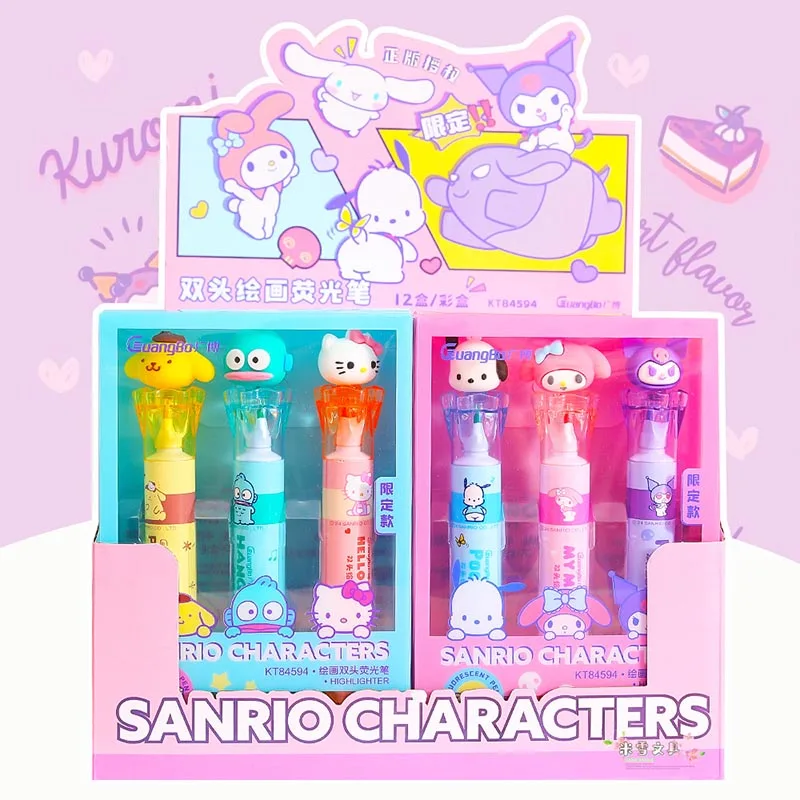 Imagem -02 - Sanrio Melody Kuromi Double Head Highlighter Desenho Kitty Canetas Marcadoras Fluorescentes Escritório e Material Escolar Cores 12pc Lote