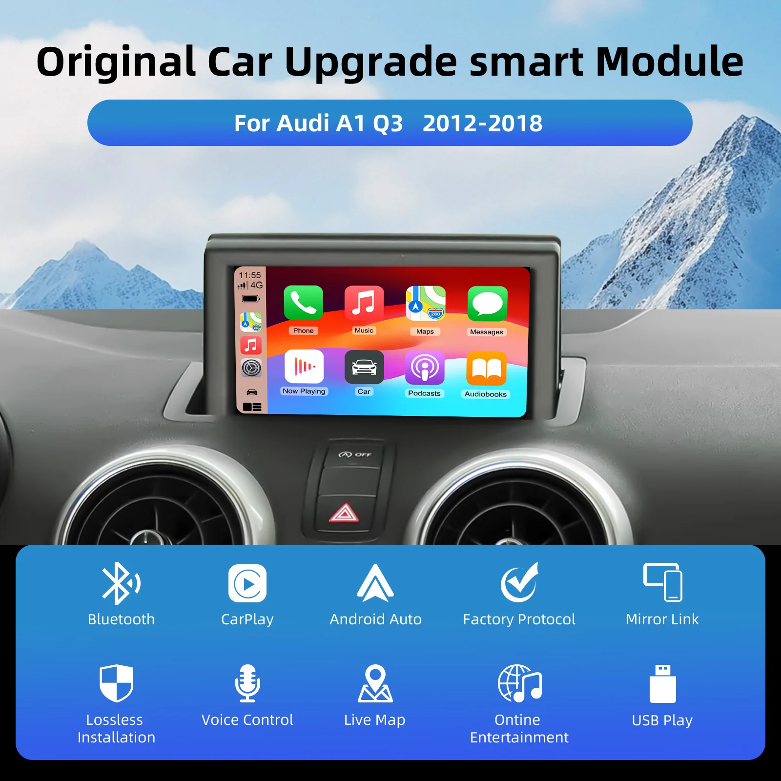 صندوق فك ترقية شاشة Ezonetronics OEM لسيارة Audi A1 Q3 2012-2018، شاشة 6.5 بوصة/7 بوصة، MMI 3G مع CarPlay وAndroid Auto