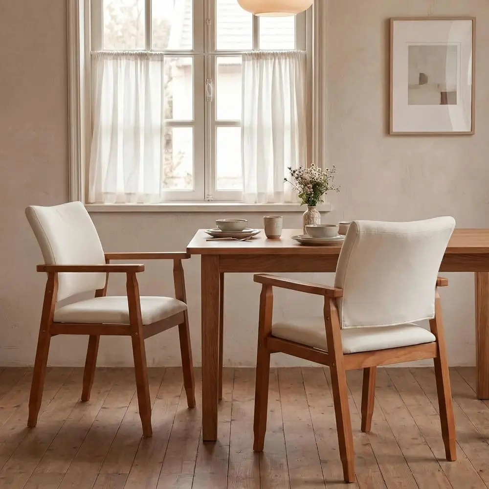 

2 Century Modern Walnut Dining Chairs with Wood Arms and Beige Fabric for Kitchen and Living Room Furniture