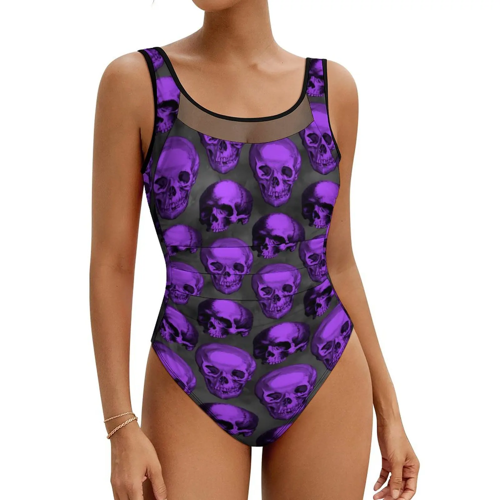 

Purple Skull Swimsuit Sexy Sunflower Print Women Swimwear One Piece Vintage Swimsuits Holiday Rave Push Up Mesh Monokini