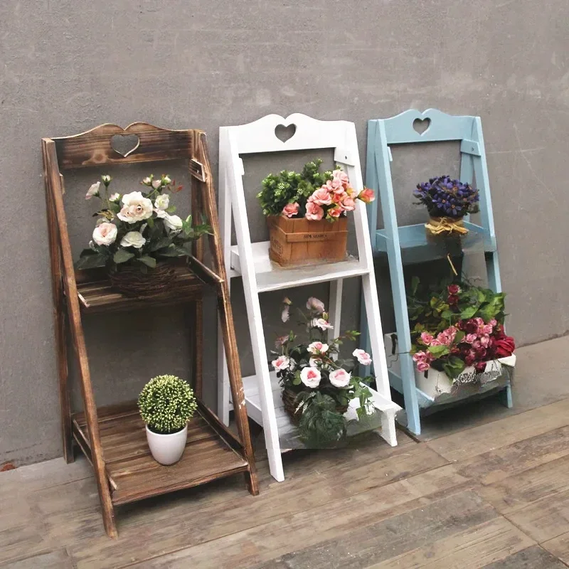 Soporte de flores pequeño para balcón, escalera rural, estante de flores de madera maciza multicapa para sala de estar, estante para plantas, estante para suculentas de dos pisos