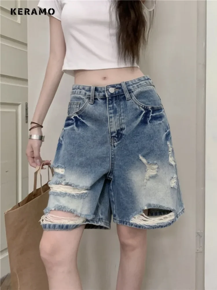 Women's Washed Y2K Baggy Ripped 2000s Denim Shorts Female High Street Retro High Waist Trashy Jeans Vintage Casual Shorts