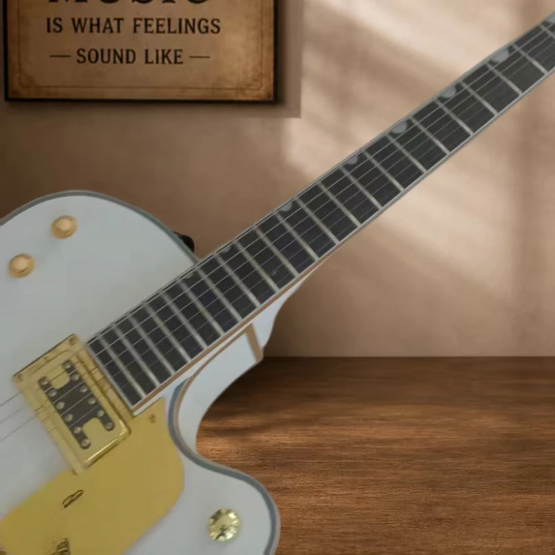 White Semi Hollow Jazz Electric Guitar BIG Vibrato Handle Gold Accessories Country Retro Playing Guitar F-hole Free Shipping