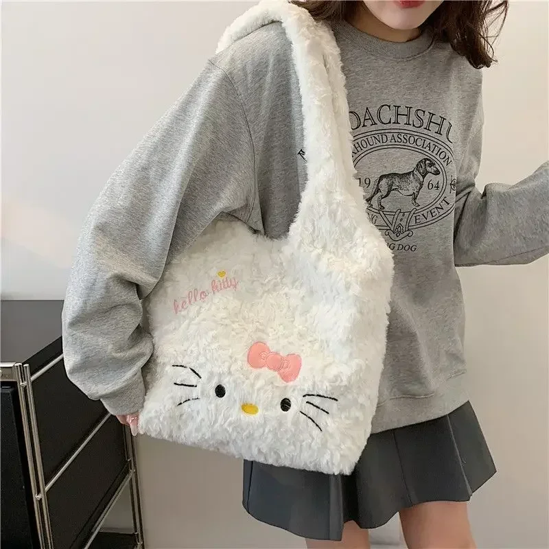 

Underarm Bag Hello Kitty Plush Shoulder Bag for Women Large Capacity Kawaii White Girls Luxury Designer Handbag