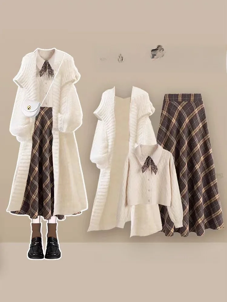 

Женский зимний вязаный свитер Faion Thiened, жилет и юбка, комплект с высокой талией, свободный крой V Ne Long Sve, осенне-зимний наряд