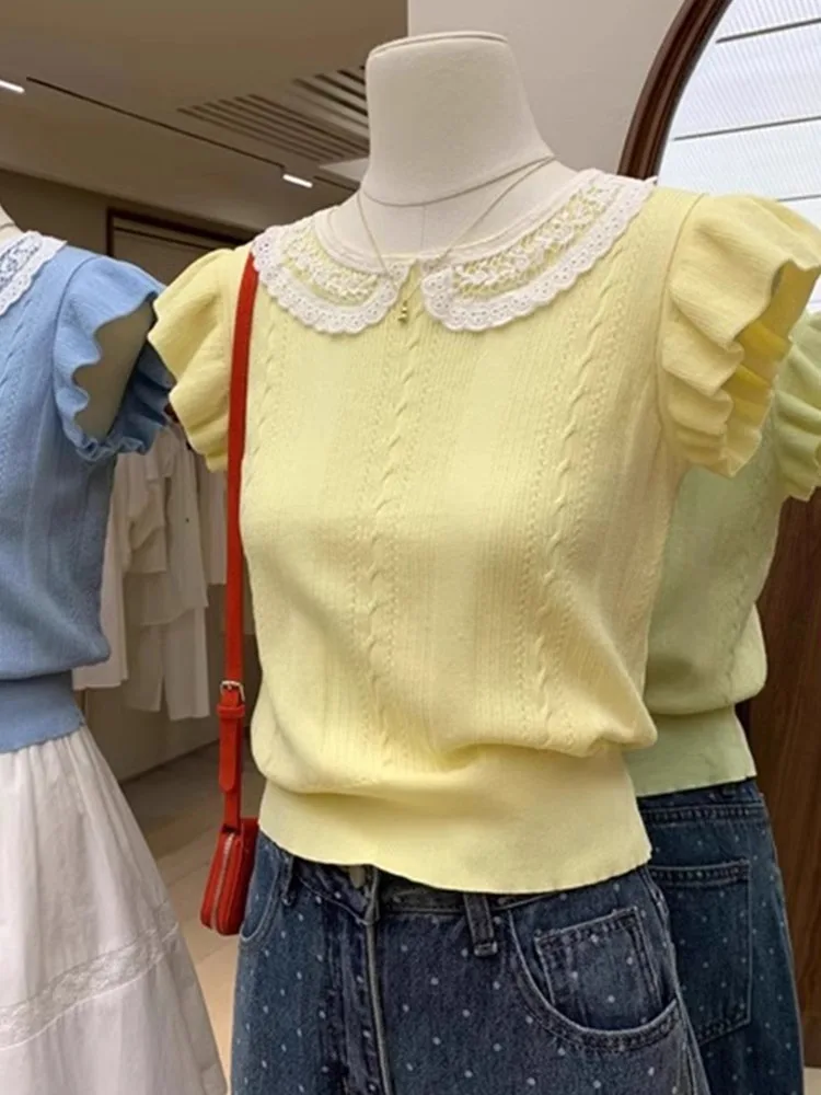 

Нежный и милый трикотажный топ из ледяного шелка с кружевными вставками, женская приталенная футболка с круглым вырезом и коротким рукавом, корейская версия, для повседневной носки