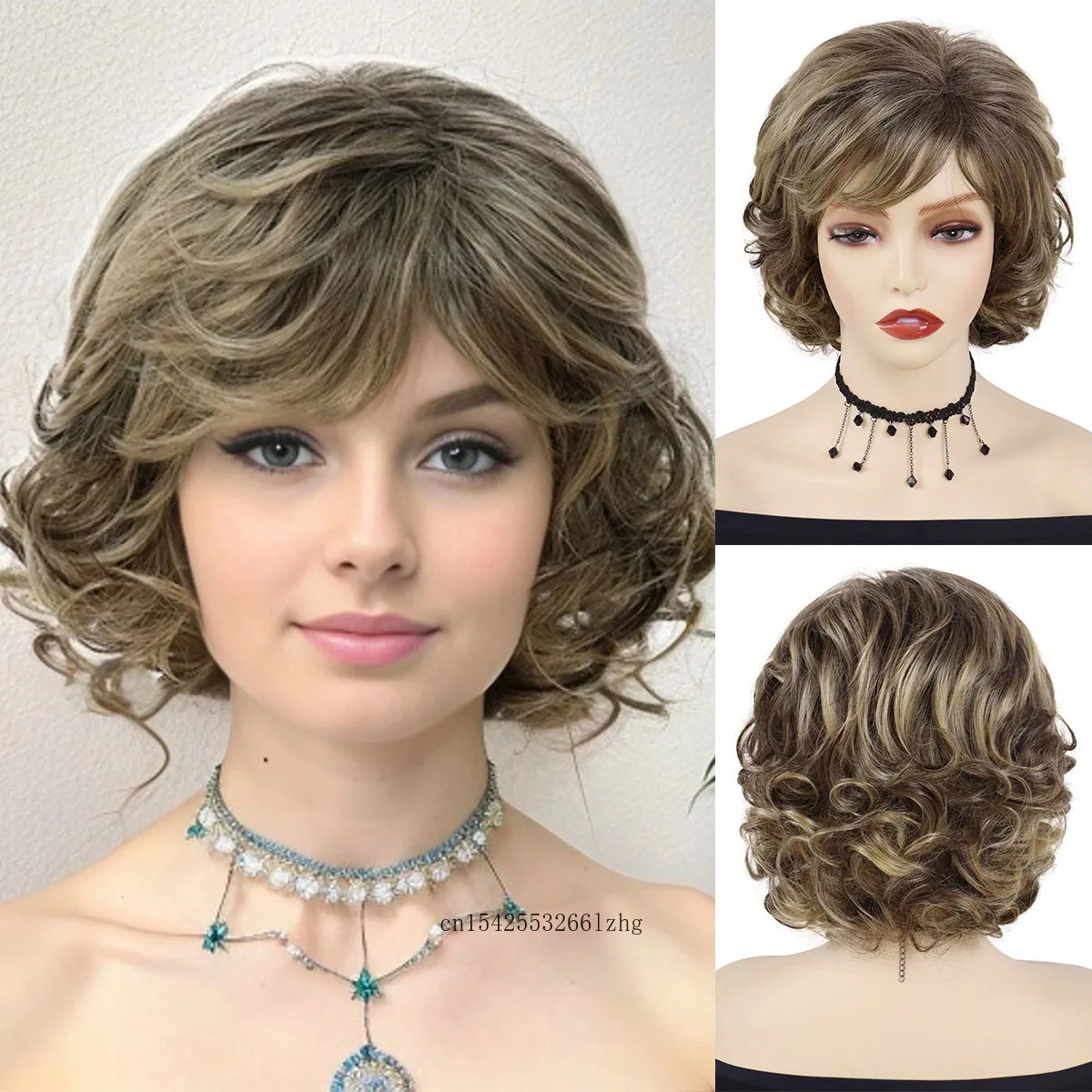 Synthetic Short Curly Wigs for Women Light Brown Wig with Bangs Halloween Costume Wig Female Cosplay Lady Mommy Wig Fashion Wigs