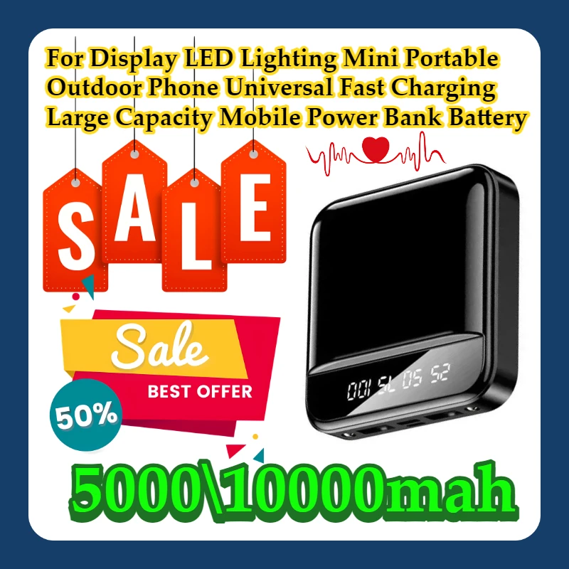 

For Display LED Lighting Mini Portable Outdoor Phone Universal Fast Charging 10000mah Large Capacity Mobile Power Bank Battery