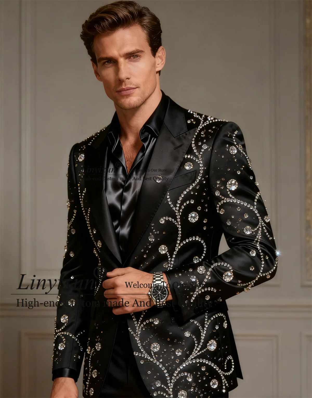 

Sparkly Ornament Diamonds Men Suits 2 Piece Sets Groom Male Blazers Party Costume Homme Customized Slim Fit Wedding Tuxedos