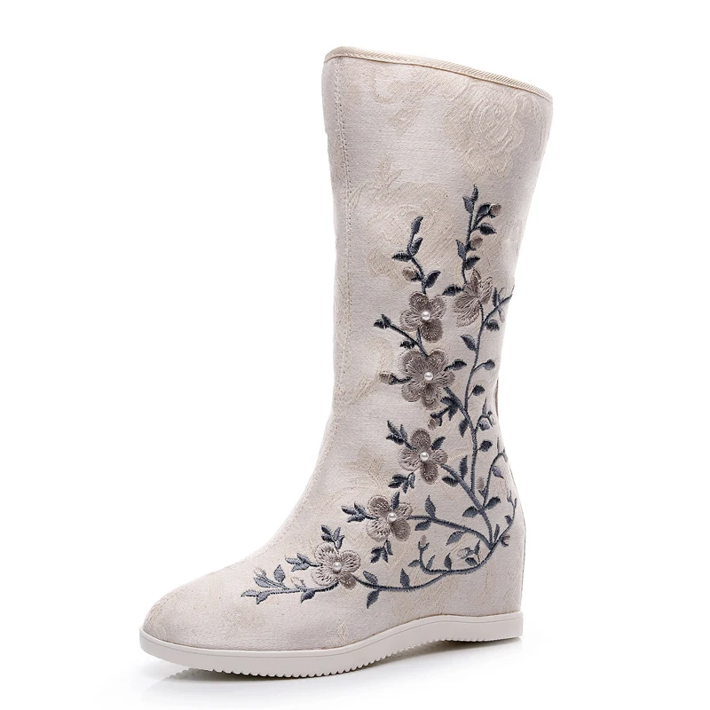 

34-41 Embroidery Mid-Calf Boots Chinese Traditional Hanfu Shoes Hidden Heels Wedge Round Toe Oriental Ancient Textured Floral