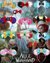 Alice In Wonderland Disney Ears Cheshire Cat Headband Women Mad Hatter Hairbands Girl Sequins Bow Hair Accessories Kid Xmas Gift