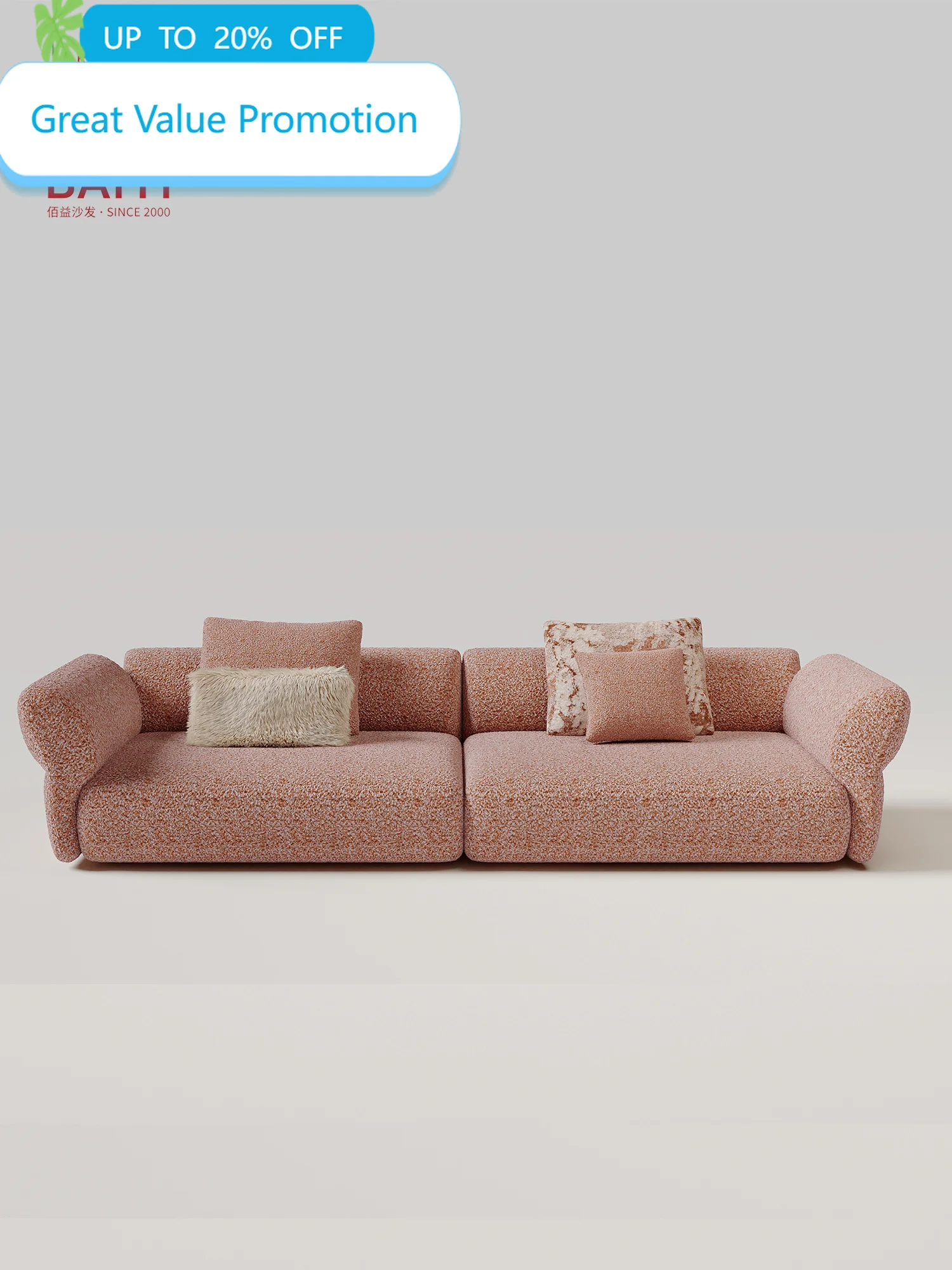 Blush Pink Salt And Pepper Chenille Modular Sofa 2 Seater Wide Deep Seat Curved Roll Armrest For Living Room Villa Bedroom