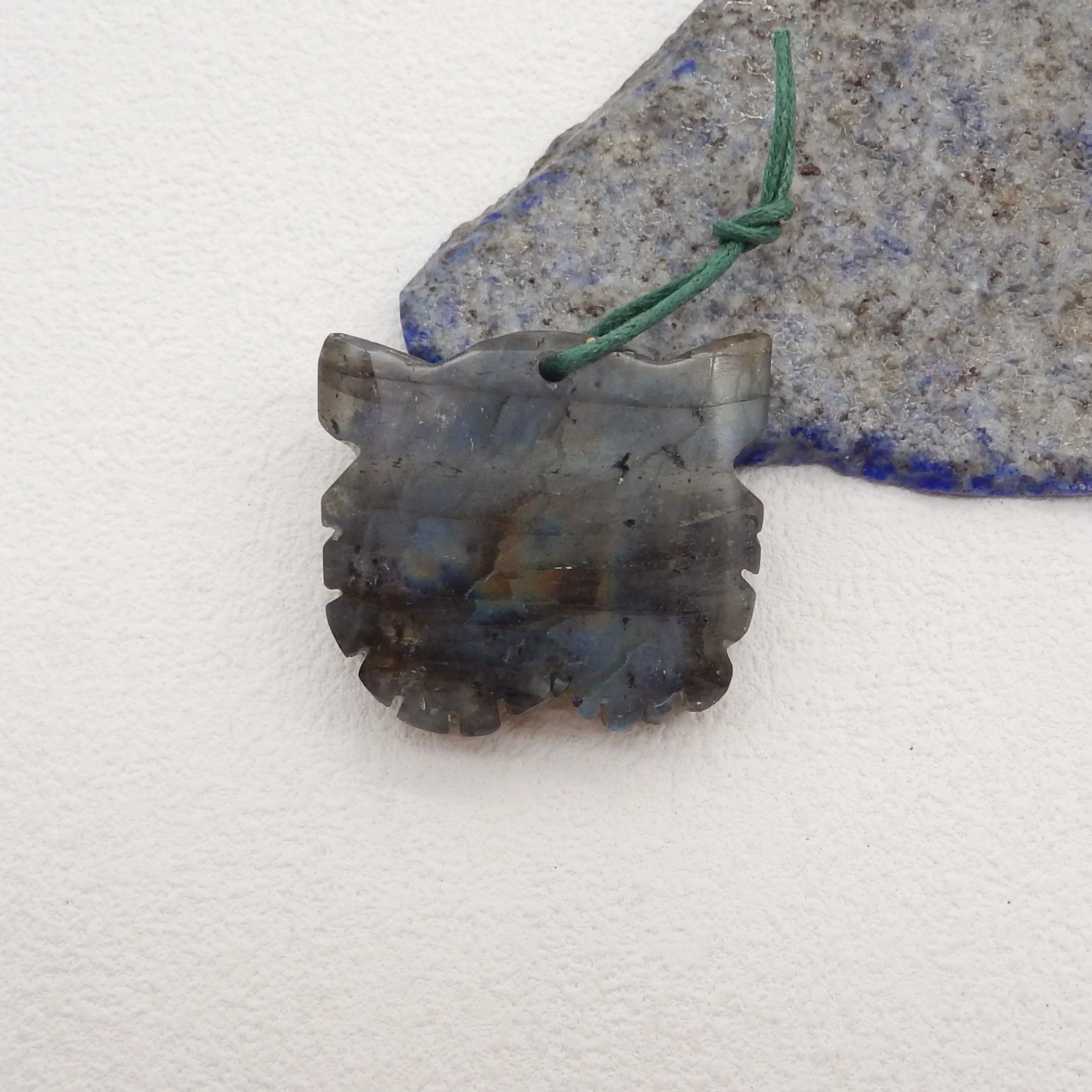 Handmade Jewelry Flashy Labradorite Carved Owl Head Pendant Bead,Natural Stone Necklace Accessories Women Men Gift 31x35x9mm 20g