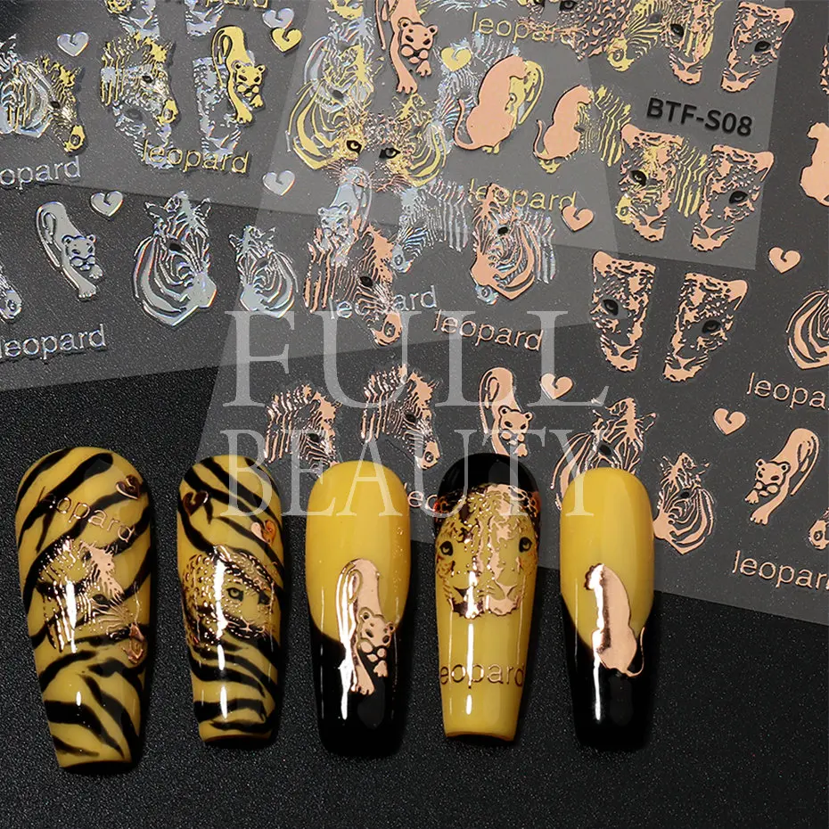 The Leopard Tiger Nails Stickers 3D Bronzing Rose Gold Black Zebra Wildlife Prints Manicure Sliders Nail Art Decoration #BTF-S08