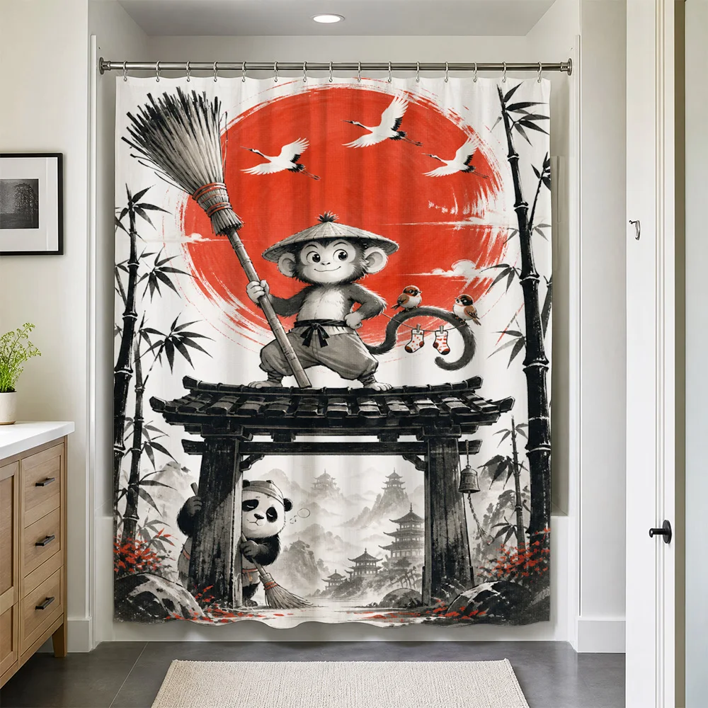 Waterproof Asian Panda Monkey Shower Curtain Bamboo Decor Oriental Bathroom Wallpaper Home Accent Tropical Decor
