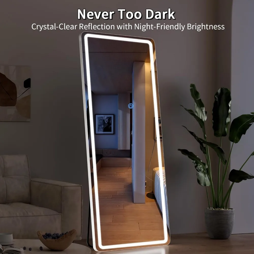Lustro LED na całej długości, 180 x 76 cm, regulowana jasność i 3 opcje kolorystyczne, duże lustro do sypialni do makijażu