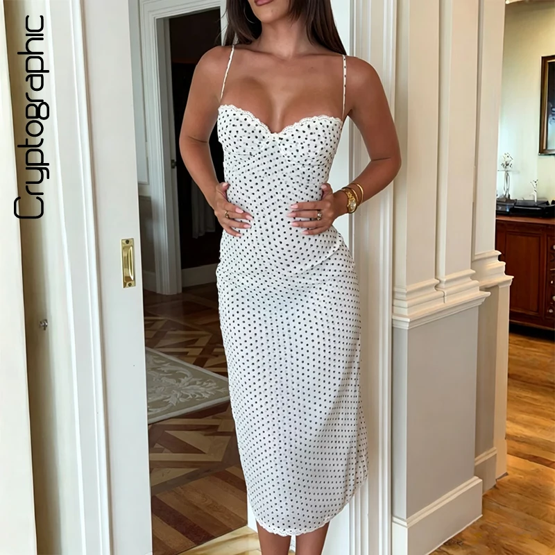 

Polka Dot Lace Trim Midi Dress Spaghetti Strap Sleeveless Backless Slim Fit Women's Casual Dresses Party Dress Summer 2026 Trend