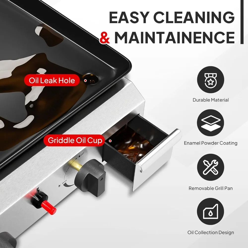 Pemanggang Propana Portabel 2 Tungku, Pemanggang Gas 20.000 BTU dengan Nampan Berlapis Enamel, Pemanggang Permukaan Datar dengan Pengapian Elektronik