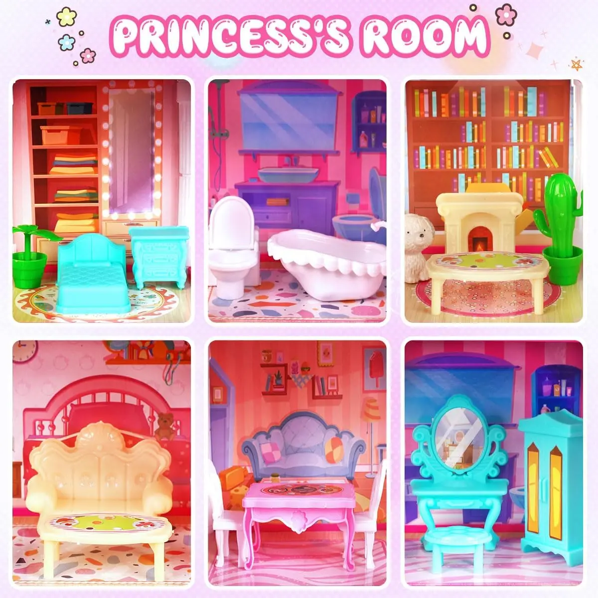 VATOS Pink Dollhouse for Girls 5 Story 17 Rooms Luxury DIY Play Light-up Building House Dolls Toy Dream Christmas Birthday Gifts